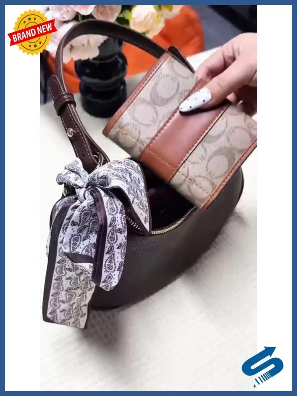 Litchi Leather Underarm Purse Hobo Shoulder Bag with Scarf